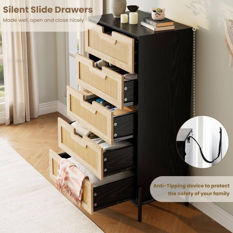 5/6 Drawer Dresser for Bedroom, Natural Rattan Modern Wooden Dresser, Farmhouse Storage Cabinet Chest
