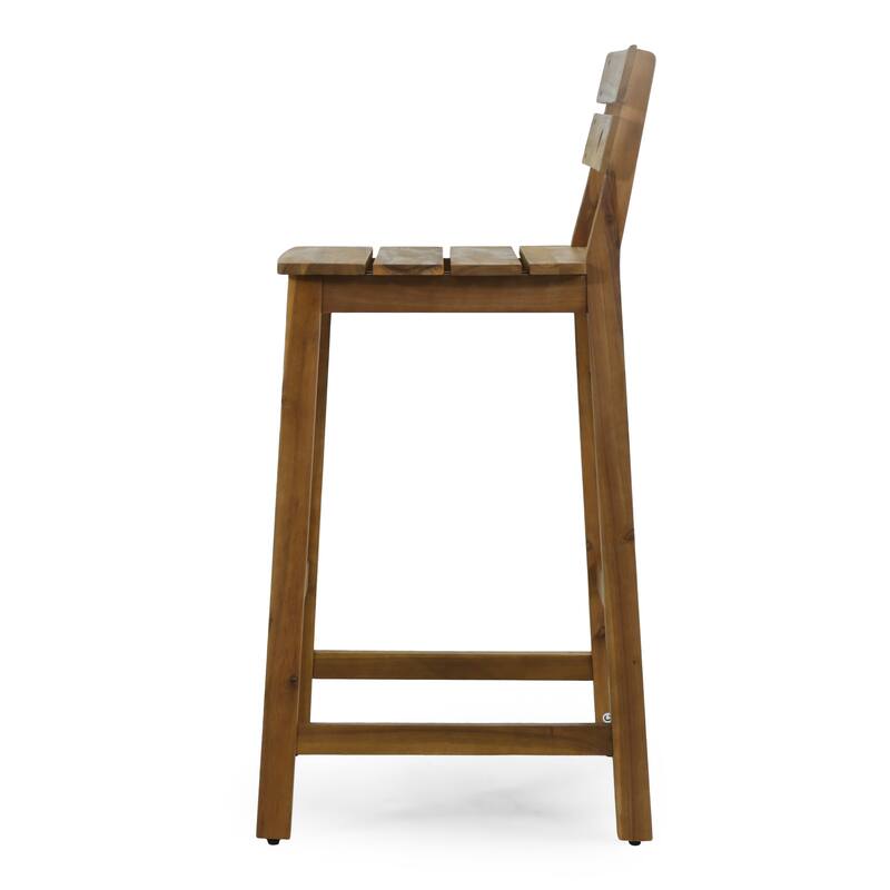 Roomfitters 2-Piece Outdoor Acacia Wood Bar Stools, Rustic Patio Counter Height Dining Chairs with Slat Back Design, Brown