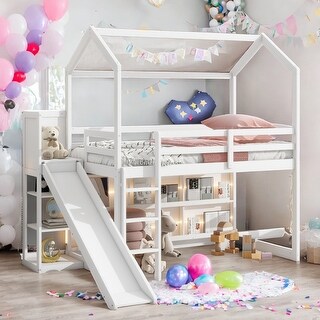 Twin Wood House Loft bed with Slide, Storage shelves and Light, White