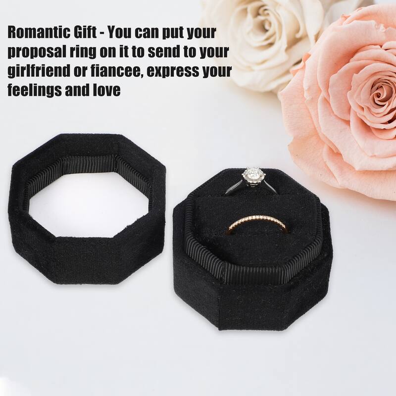 Velvet Ring Box, Double Ring Box 2 Slots Display Holder Jewelry Storage for Wedding - Black