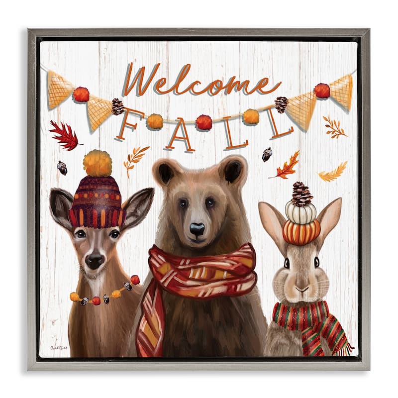 Stupell Welcome Fall Woodland Animals Framed Floater Canvas Wall Art Design By Elizabeth Tyndall - 18 x 18 - Grey