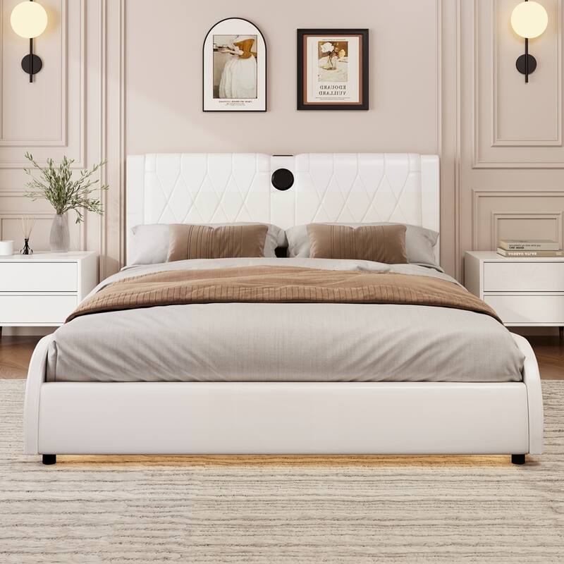 Faux Leather Upholstered Platform Bed with Thickened Headboard - White - Full