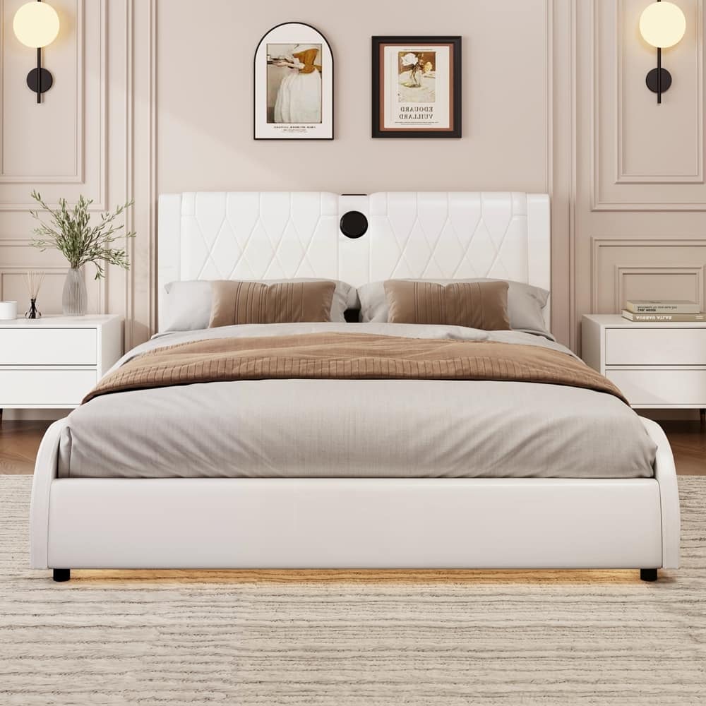 Faux Leather Upholstered Platform Bed with Thickened Headboard