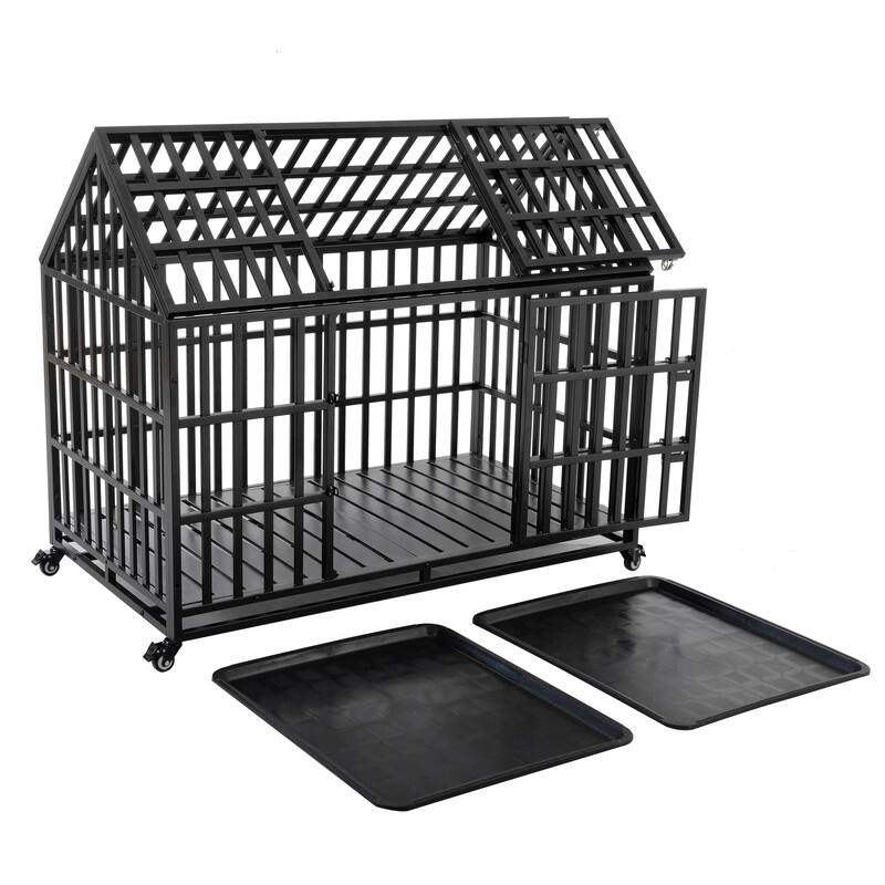 52" Heavy Duty Dog Crate, XL Metal Dog Kennel Cage for Large Dogs, Pet Crate with 2 Door, 4 Lockable Wheels & Removable Tray