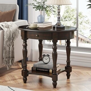 Oval End Table with Drawer, Solid Wood Side Table, Storage Shelf ...