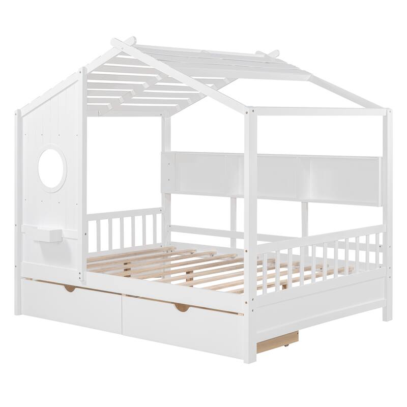 Wooden Storage Platform Bed House Shaped Kids Bed with Windows & Roof