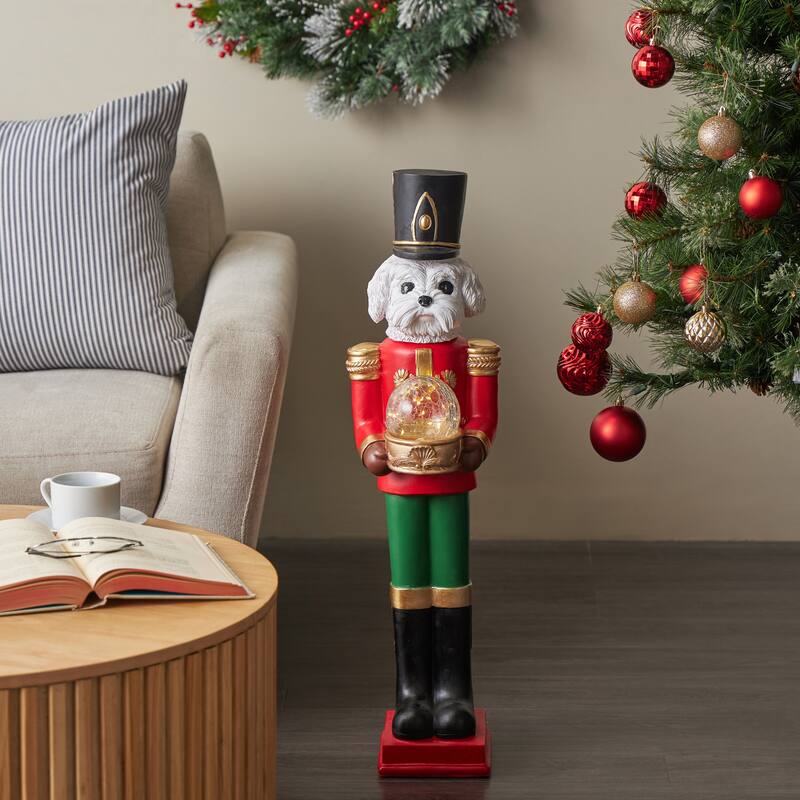 Fiberglass Dog Tall Soldier Nutcracker Christmas Sculpture with LED Light Snow Globe - Red - Roche River Decor