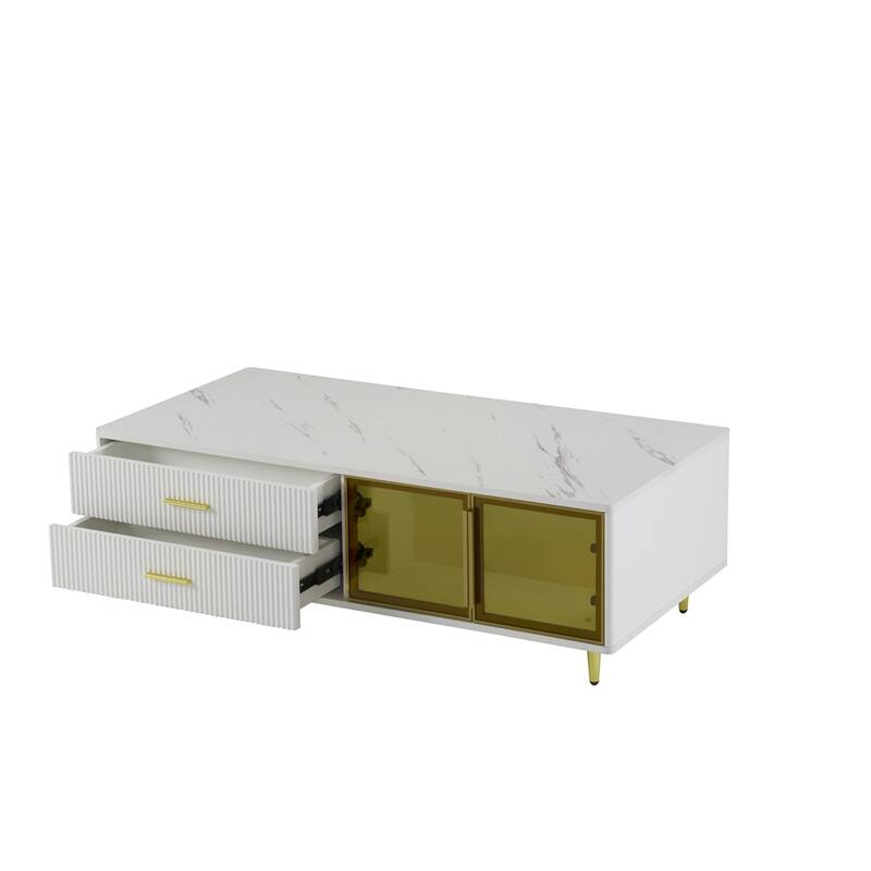 Coffee Table with 2 Glass Door, 4 Drawers and Gold Metal Legs