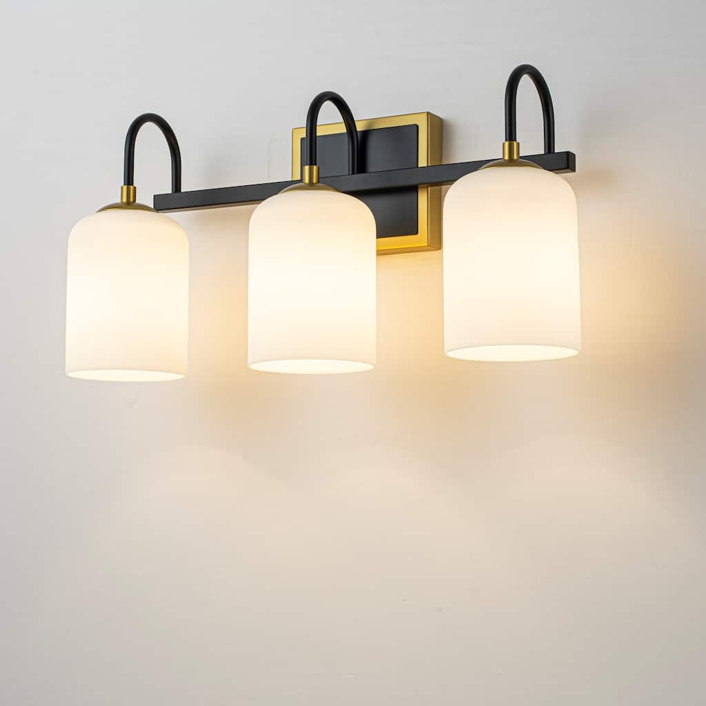 3-Light Modern Transitional Metal & Glass Bathroom Vanity Light with Milk White Glass Shades - 3 Light