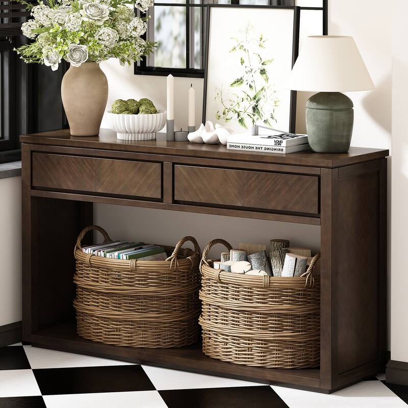 55" Rustic Wooden Entryway Console Table with Storage Drawers & Open Shelf - Brown