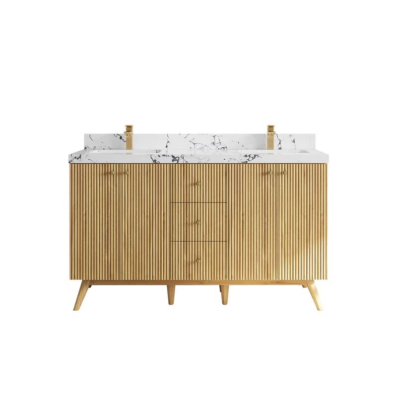 Willow Collections 60 in. W x 22 in. D Pasadena Solid Teak Double Sink Bathroom Vanity with Countertop