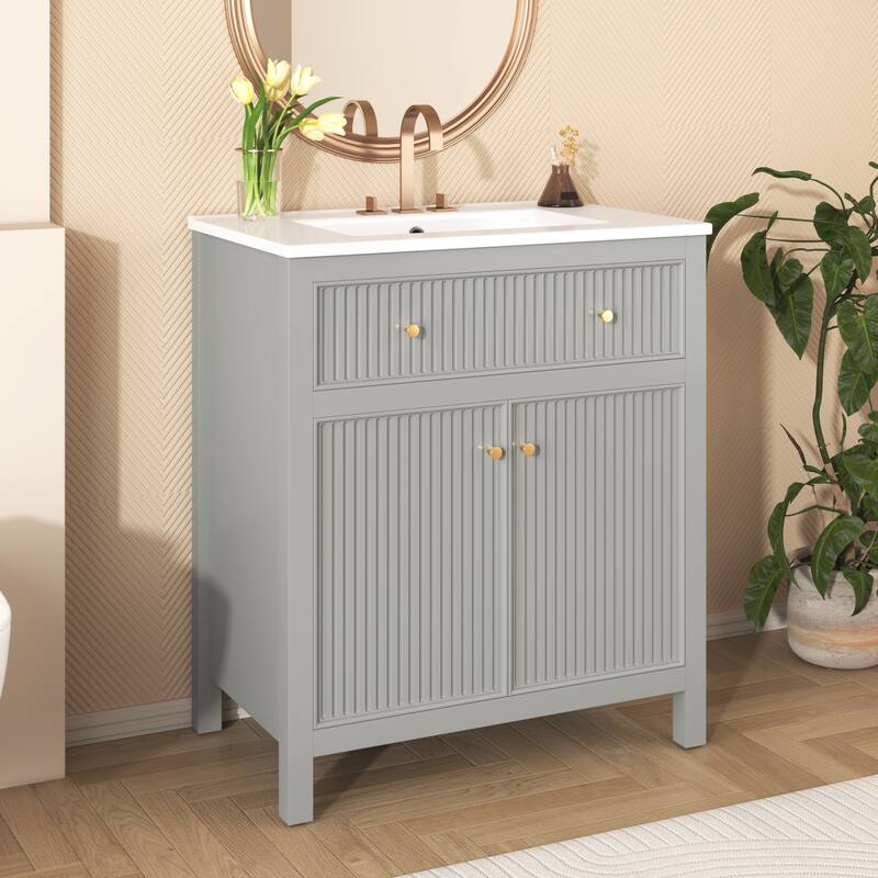 Freestanding Vertical Stripe Groove Storage Cabinet Grey Bathroom Vanity with Tip-out Drawer and Gold Metal Knobs