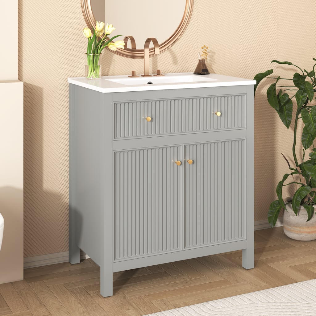 Roomfitters 30" Vanity with Ceramic Sink, Freestanding Cabinet with Soft Closing Doors, Modern Bathroom Design, Grey