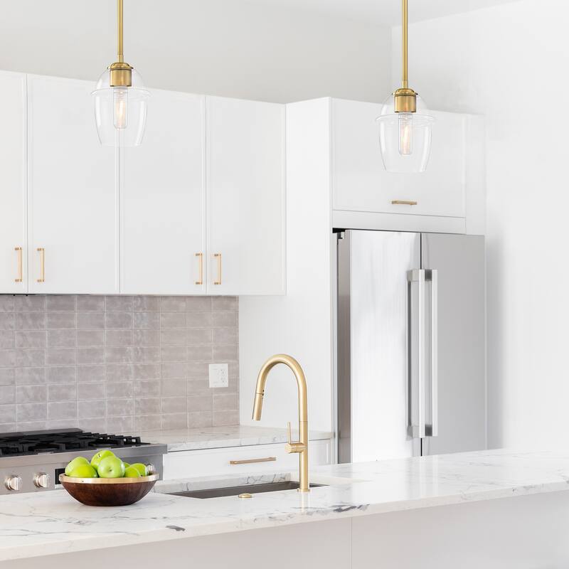 Summer Jazz 60 Watt 1-Light Brushed Gold Transitional Pendant Light with Clear Glass Shade - 8