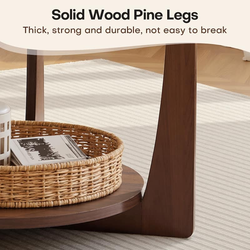 31.5" Round Coffee Table with Solid Wood Legs and 2-Tier Storage - 31.5"Dia x 17.72"H