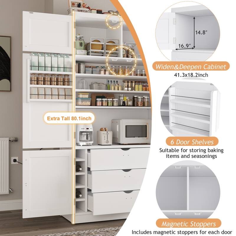 Roomfitters 80 Inch Extra Tall Kitchen Pantry Cabinet with Power Outlets and Wine Rack, Shaker Style
