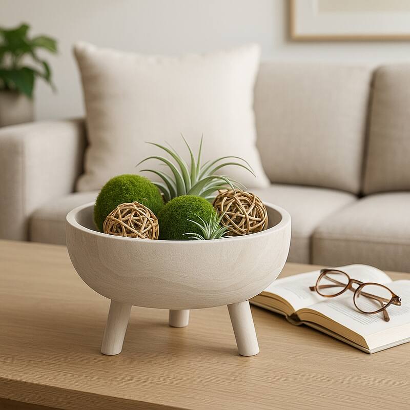 Round Wooden Bowl with Tripod Base for Home Decor - 11", White