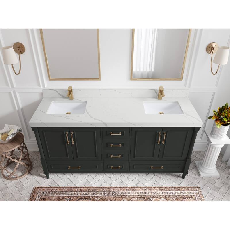 Willow Collections 72 in. W x 22 in. D Aberdeen Double Sink Bathroom Vanity with Countertops - 2" Calacatta Laza - Black Top