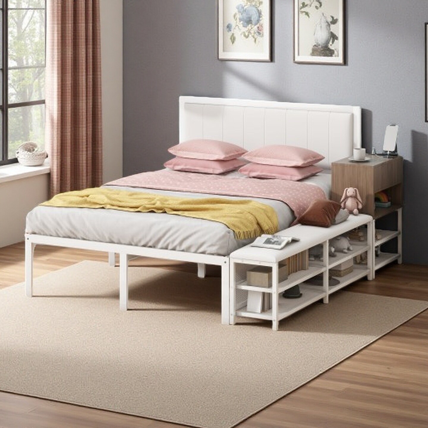 Full-Size Upholstered Metal Platform Bed with Dual Storage Shelves, Wooden Cabinet, and Cushioned Footrest