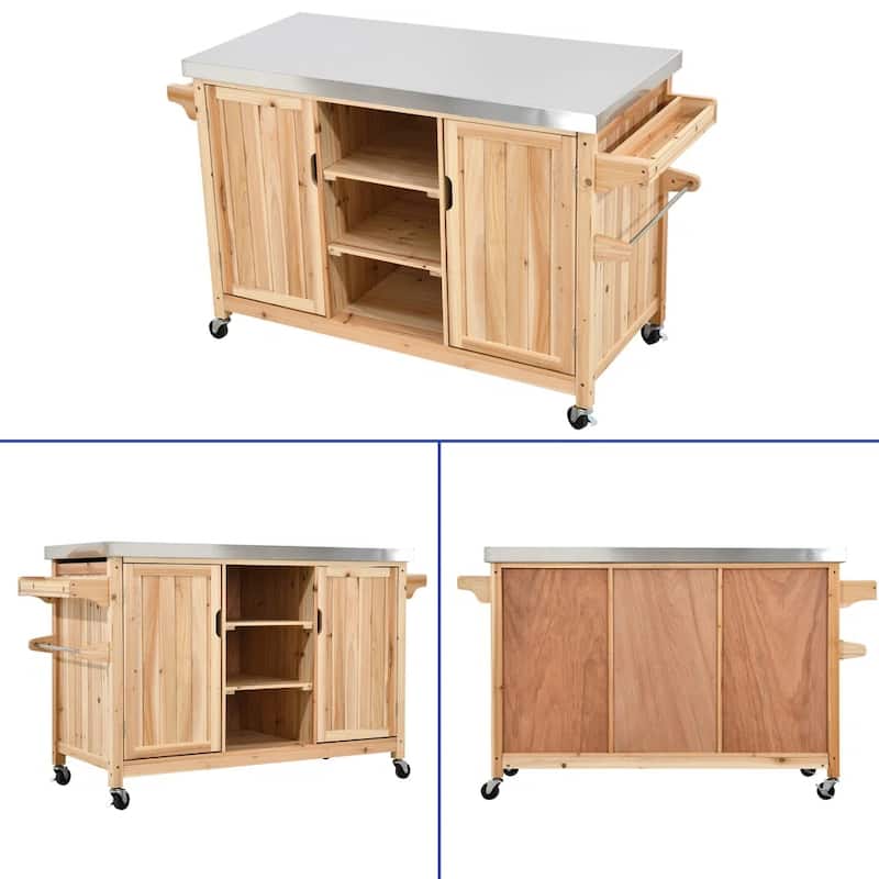 Moasis Solid Wood Bar Cart Grill Table Stainless Steel Top for Patio Kitchen Island