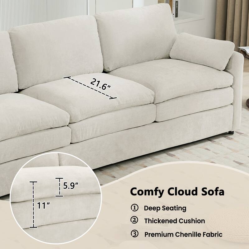 Chenille Upholstered 3 Seater Sofa, Cloud Sofa with Removable Lumbar Pillow, Oversized Sofa with Double Cushion