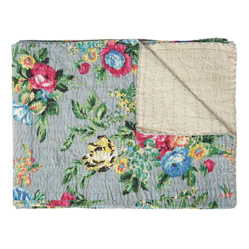 HomeRoots 50" X 70" Pink Gray and Blue Kantha Cotton Floral Throw Blanket with Embroidery