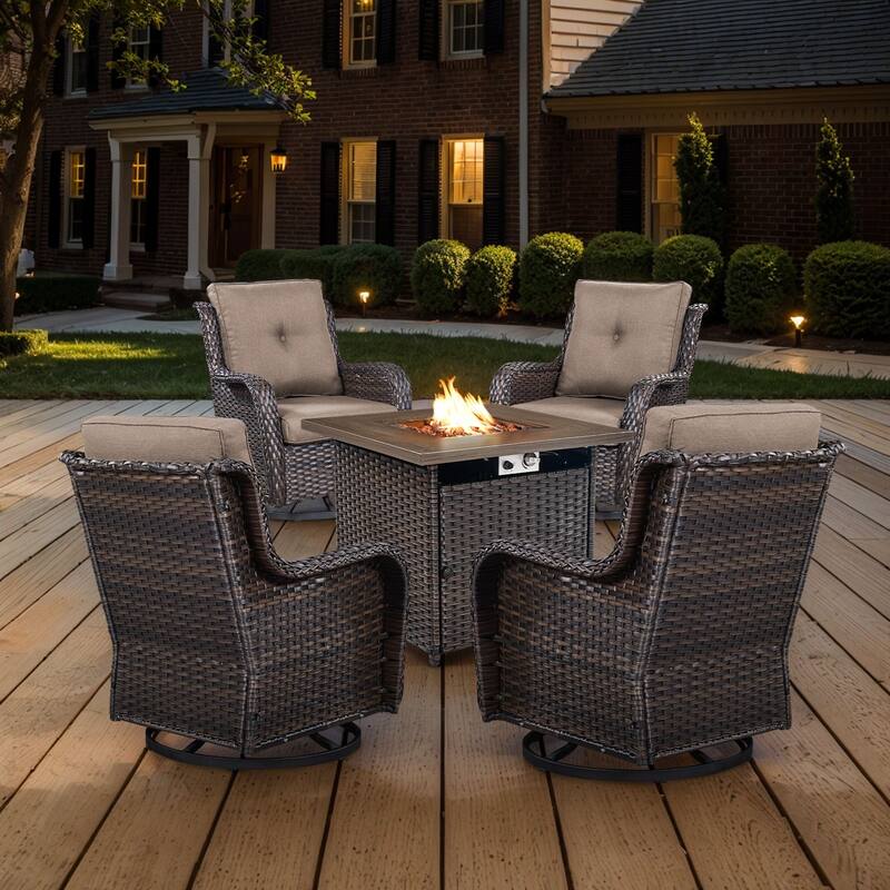 Gymojoy 5-Piece Outdoor Wicker Patio Furniture with Fire Pit Table, Rattan Coversation Set with Water Resistant Thick Cushions