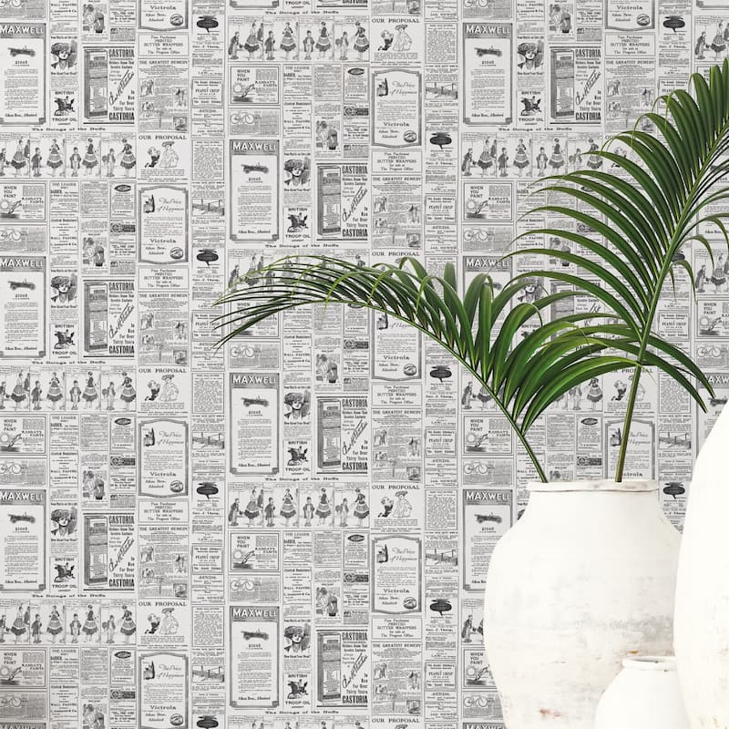 Galerie Wallcoverings Just Kitchens Newspaper Print Vinyl on Non-woven Matte Wallpaper Roll - 33 feet x 21 inches
