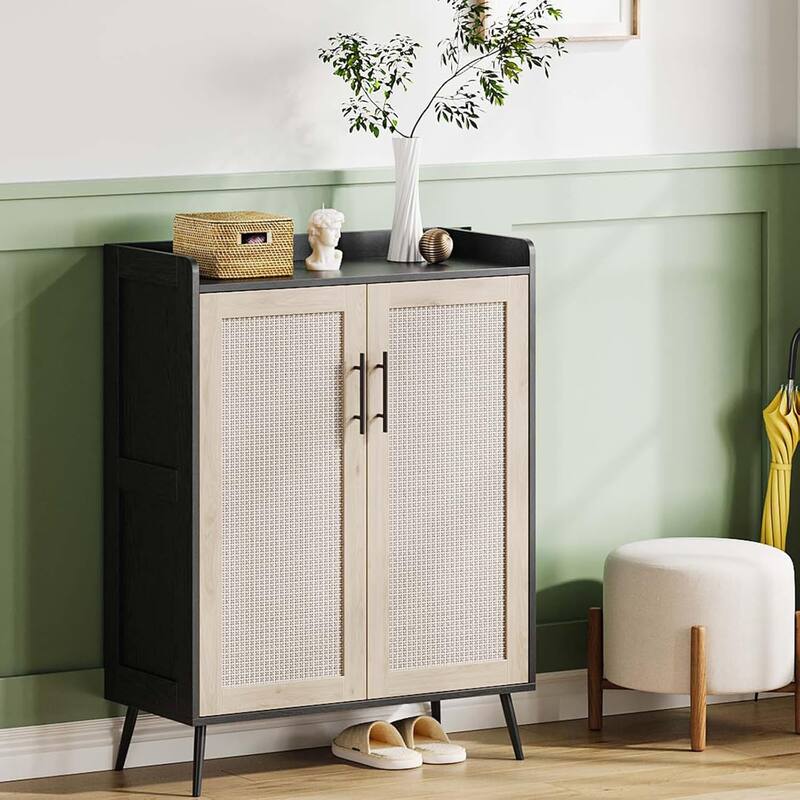 Rattan Shoe Storage Cabinet with Adjustable Shelves