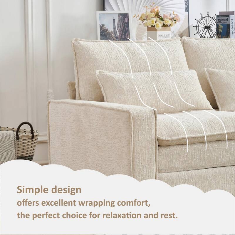 Cloud Chenille L-shaped Sectional Sofa, Deep Seat Couch with Thick Cushions, Movable Ottoman and Waist Pillows for Living Room