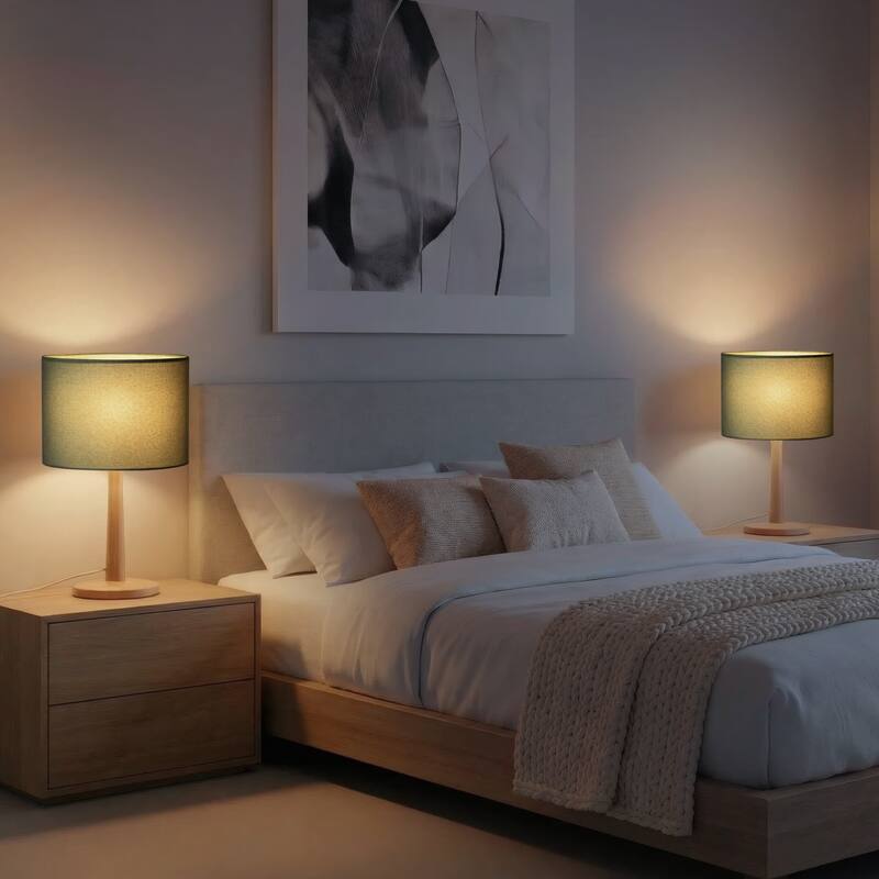 16.3" Modern Table Lamp with Natural Wood Base, Linen Fabric Drum Shade for Bedroom, Living Room, Nightstand