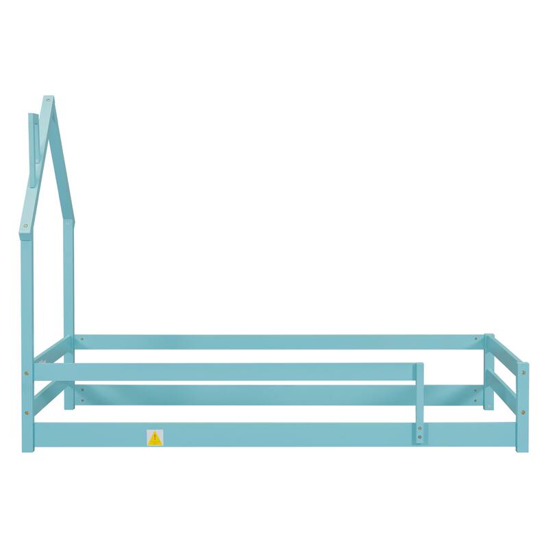 Twin Size Wood bed with House Shaped Headboard Floor Bed with Fences