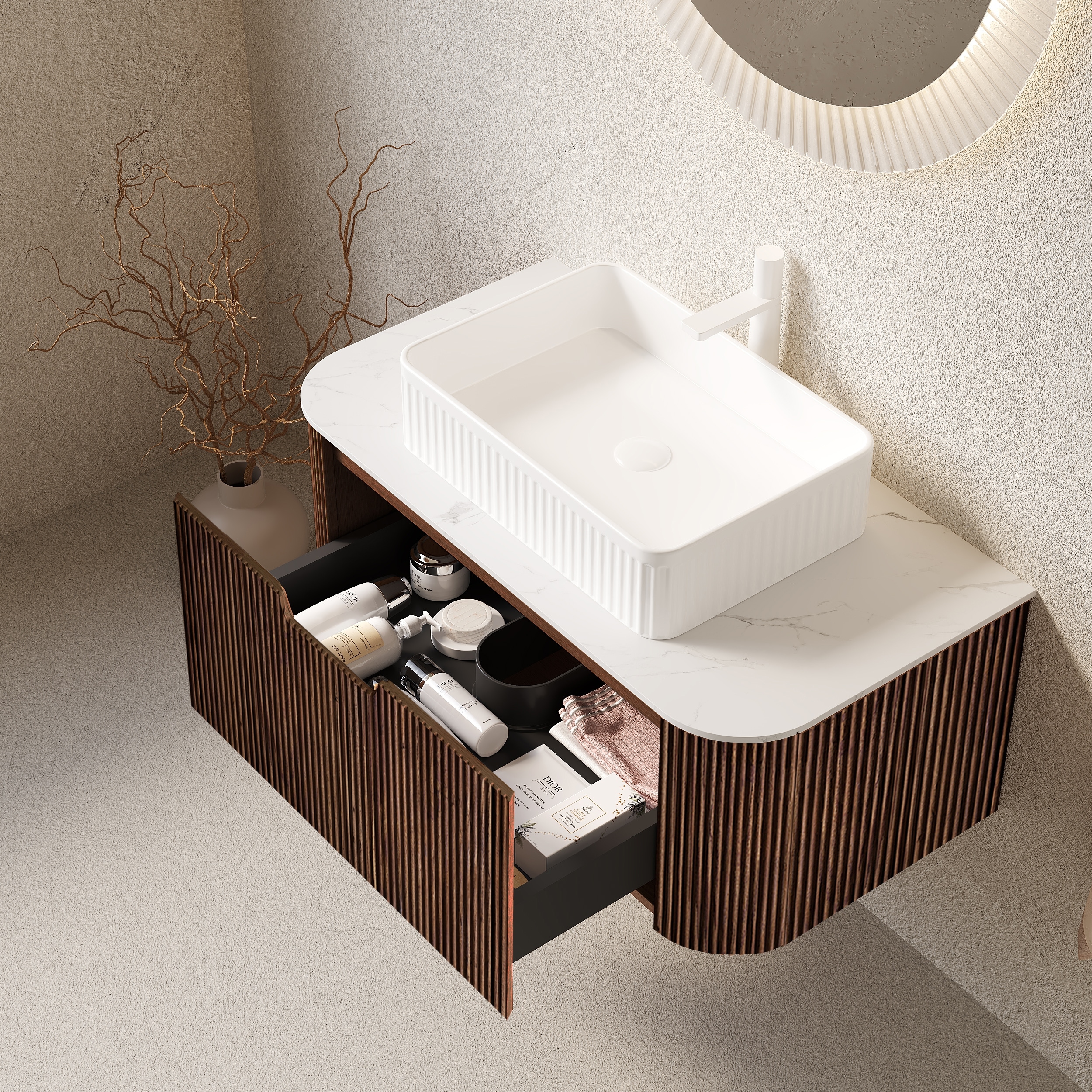 Wood Floating Bathroom Vanity with Soft-Close Drawers, Wall-Mounted Bathroom Cabinet with Ceramic Basin