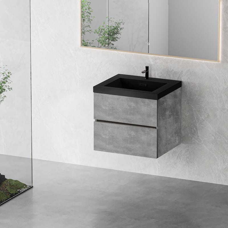 Grey Wall-Mounted Bath Vanity, Quartz Top,Sink and Soft Close Drawers - 24"