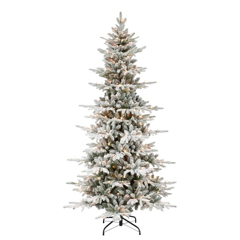 7.5' Slim Flocked Utah Fir Artificial Christmas Tree, Clear Lights - 7.5 Foot