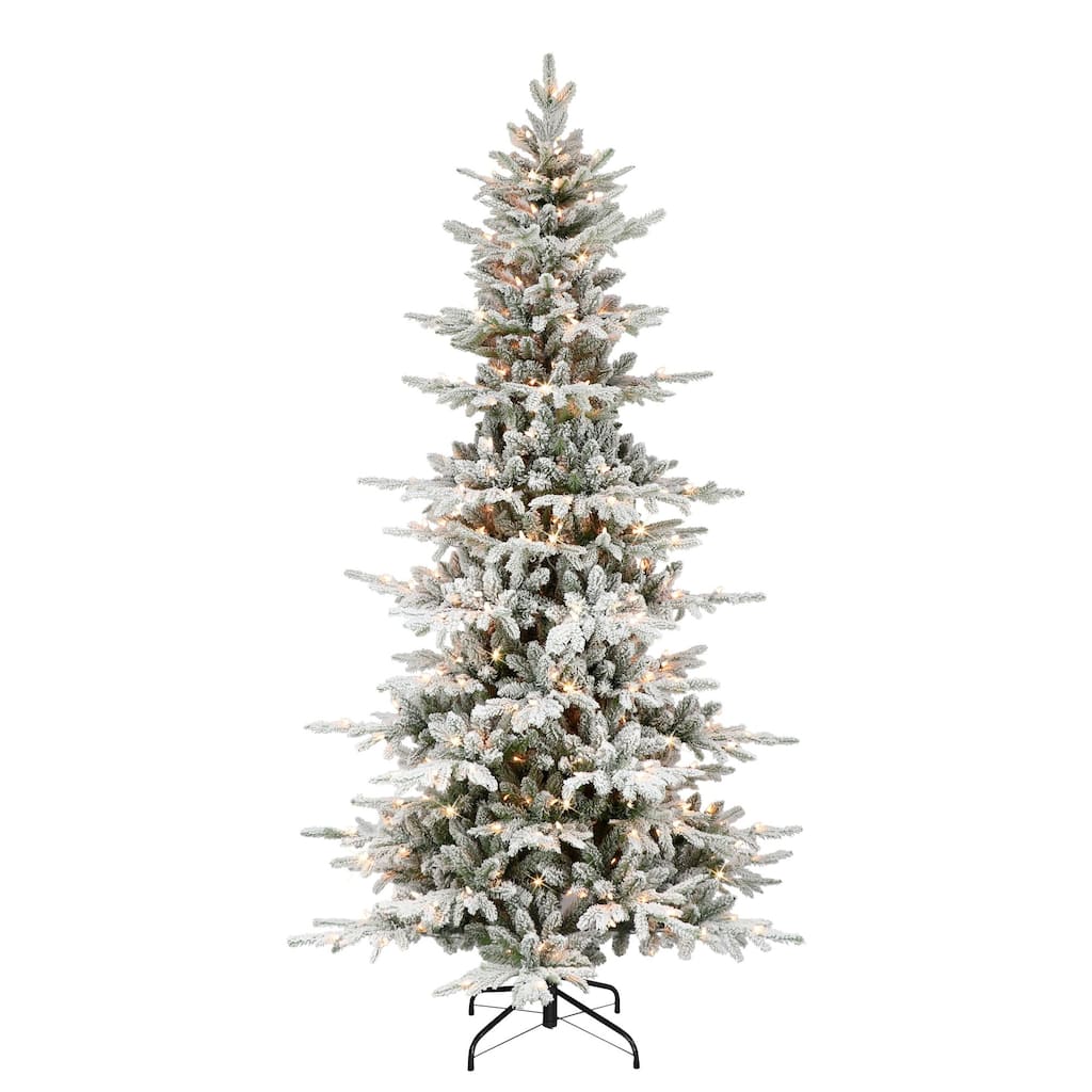 7.5' Slim Flocked Utah Fir Artificial Christmas Tree, Clear Lights - 7.5 Foot