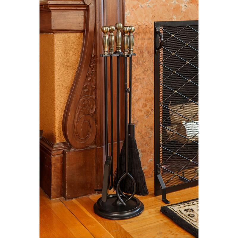 Achla Designs Chelmsford Fireplace Set of 4 Tools, 30.25 Inch Tall, Antique Brass and Black