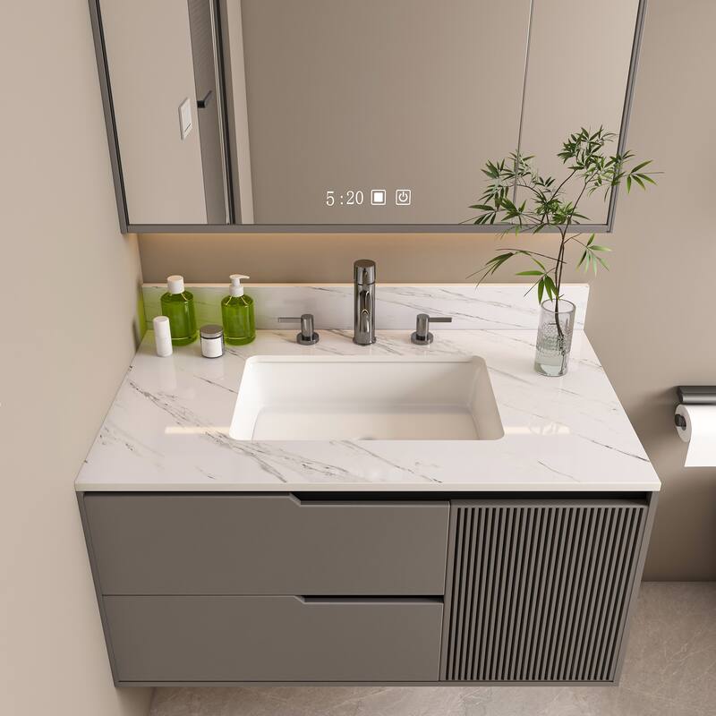 Roomfitters 37 Inch Bianco Carrara Venato Vanity Top with Rectangular Undermount Sink, Sintered Stone Counter, White