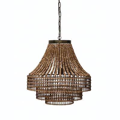 Rattan and Wood Bead Chandelier