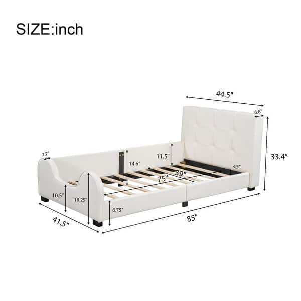 dimension image slide 0 of 2, Twin Size Upholstered Platform Bed with Guardrail
