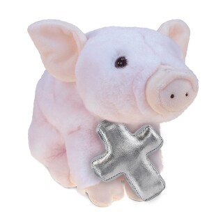DolliBu Cute Squat Piggy Stuffed Animal with Silver Cross Plush Toy - 7 inches