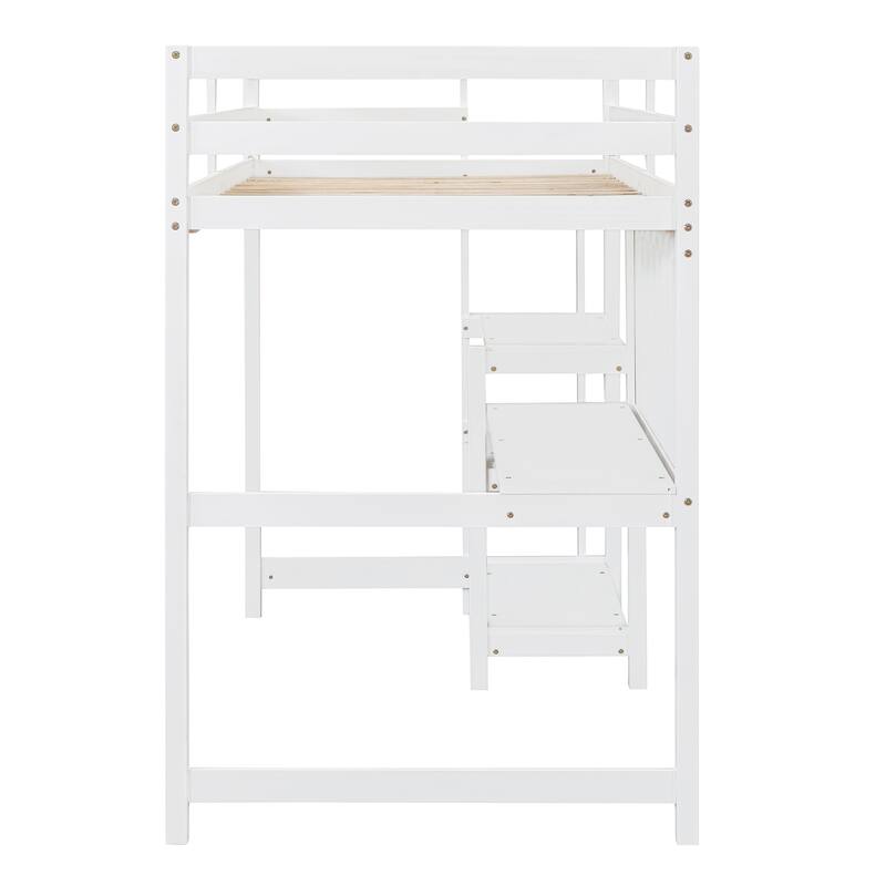 Wooden Twin/Full Size High Loft Bed with Built-in Desk and Shelves