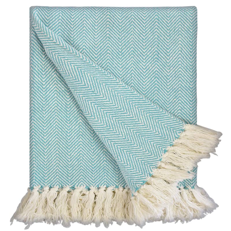Fabstyles Herringbone Stripe Cotton Throw Blanket With Fringes - 50x60 - Aqua