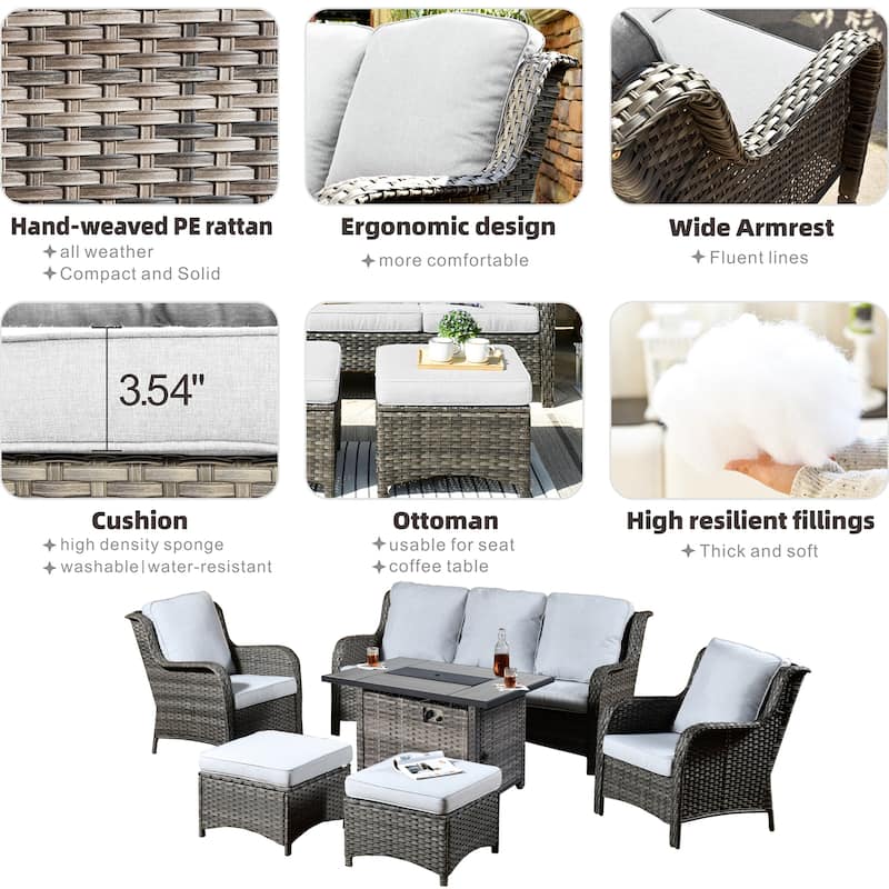 OVIOS Grey Wicker 6-piece Patio Furniture Set With Rectangular Fire Pit