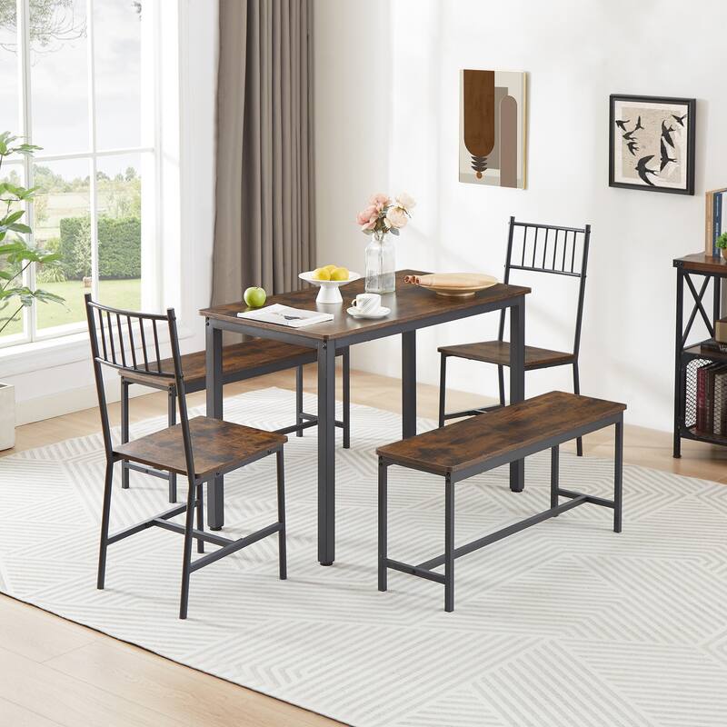 Dining Table Set, Barstool Dining Table with 2 Benches 2 Back Chairs, Industrial Dining Table for Kitchen Breakfast, Living Room - Brown