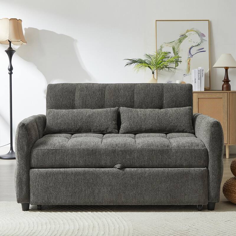 Chenille Loveseat Sofa Pull-out Sofa Bed, Upholstered Futon Sofa Adjustable Backrest Lounge Couch w3 USB Ports & 2 Pillows