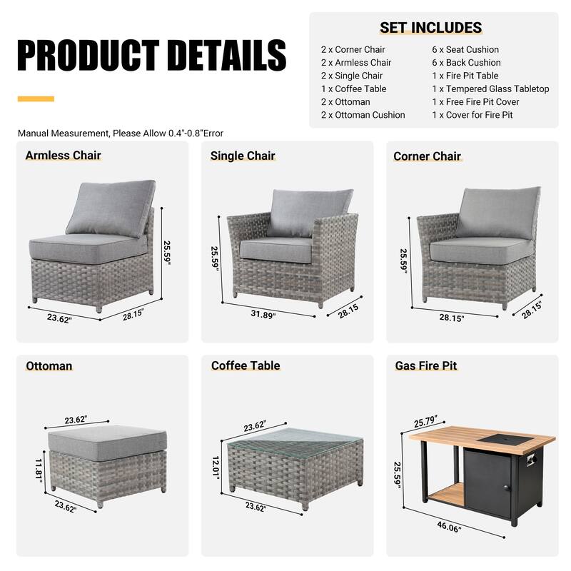 HOOOWOOO 10-piece Grey Wicker Patio Outdoor Furniture Set with Fire Pit