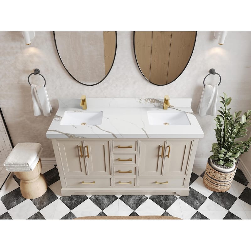 Willow Collections 60 in. W x 22 in. D Charlotte Double Sink Bathroom Vanity with Countertop - 2" Calacatta Gold - Fine Grain