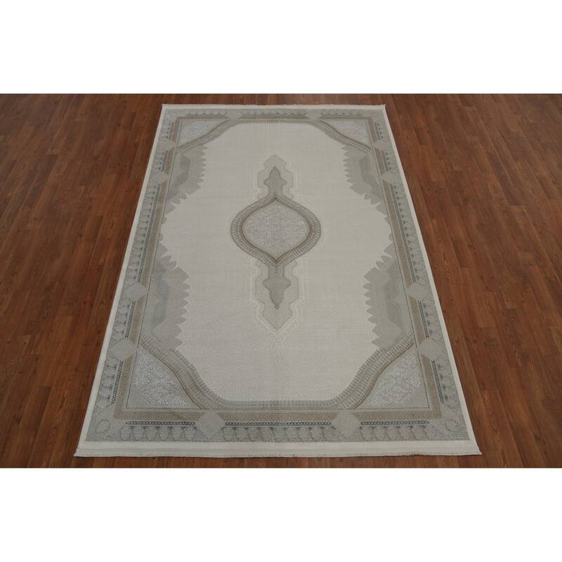 Machine Made Oriental Polyester Carpet Traditional Medallion Beige & Ivories Tabriz Area Rug - 7' 5'' X 5' 2''