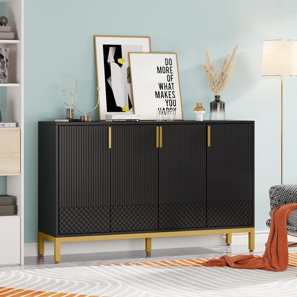 Modern Black Storage Cabinet, 59 Inch Console Cabinet Sideboard Buffet Cabinet with3 Doors & Gold Metal Base - On Sale - Bed Bath & Beyond